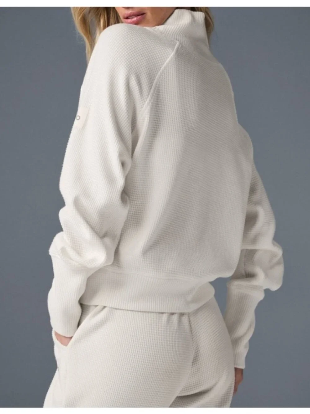 Alo Weekend Escape Mock Neck Long Sleeve Ivory Waffle Thermal Turtleneck Sweater